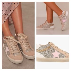 Mi.iM Daisy Light Gold (Pink Star) Lace-up Glitter Suede Mid Star Sneakers